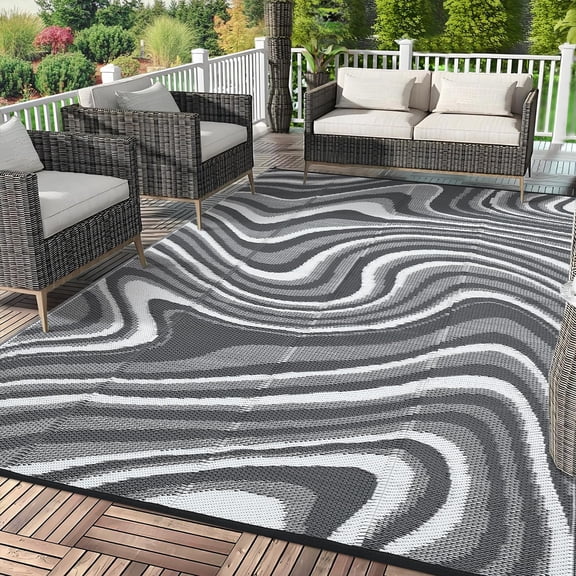 Waterproof Outdoor Rug for Camping 5x8 Modern Outdoor Patio Rug, Plastic Straw RV Rugs for Outside Neutral Striped Reversible UV Resistant Mats for Picnic Backyard Deck Balcony, Black Grey