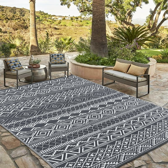 Waterproof Outdoor Rug Modern Patio Plastic Straw, Stain-Resistant Reversible RV Mat, Geometric Indoor Outdoor Carpet for Patio Camping Backyard Deck Garden