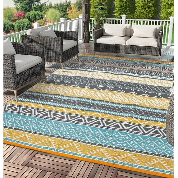 Waterproof Outdoor Rug Modern Patio Plastic Straw, Stain-Resistant Reversible RV Mat, Geometric Indoor Outdoor Carpet for Patio Camping Backyard Deck Garden