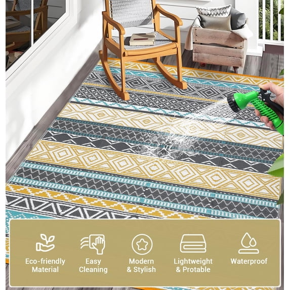 Waterproof Outdoor Rug Modern Patio Plastic Straw, Stain-Resistant Reversible RV Mat, Geometric Indoor Outdoor Carpet for Patio Camping Backyard Deck Garden