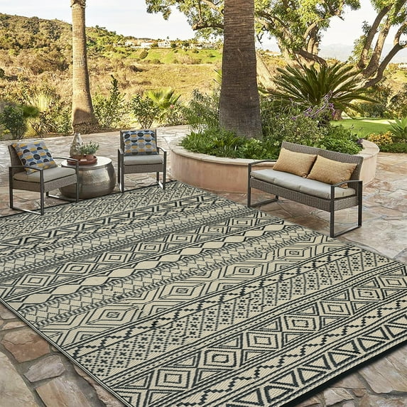 Waterproof Outdoor Rug Modern Patio Plastic Straw, Stain-Resistant Reversible RV Mat, Geometric Indoor Outdoor Carpet for Patio Camping Backyard Deck Garden