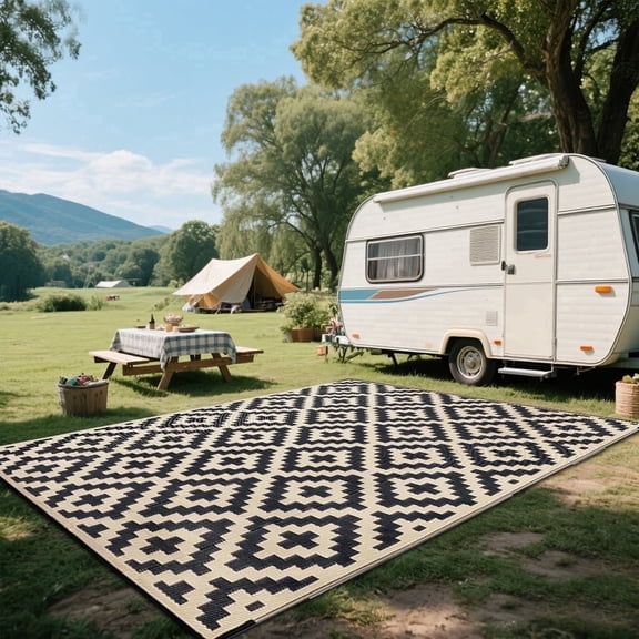 Kzaei Waterproof Outdoor Rug, 6'x9' Reversible Plastic Camping Area Rugs, Black & Brown