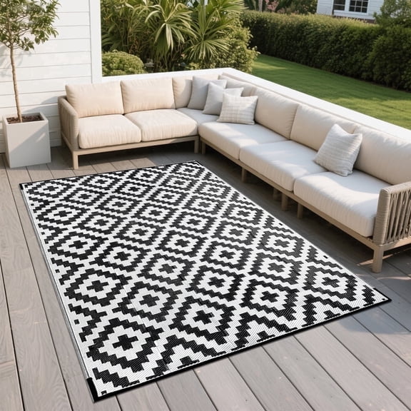 Kzaei Waterproof Outdoor Rug, 4'x6' Reversible Plastic Camping Area Rugs, Black & White