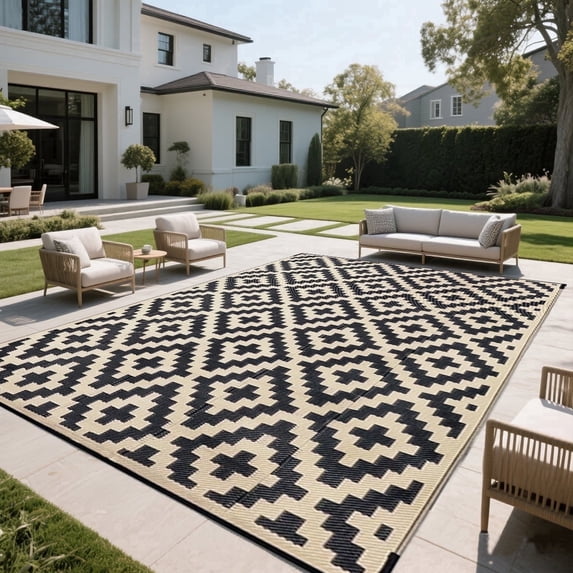 Kzaei Waterproof Outdoor Rug, 9'x12' Reversible Plastic Camping Area Rugs, Black & Brown