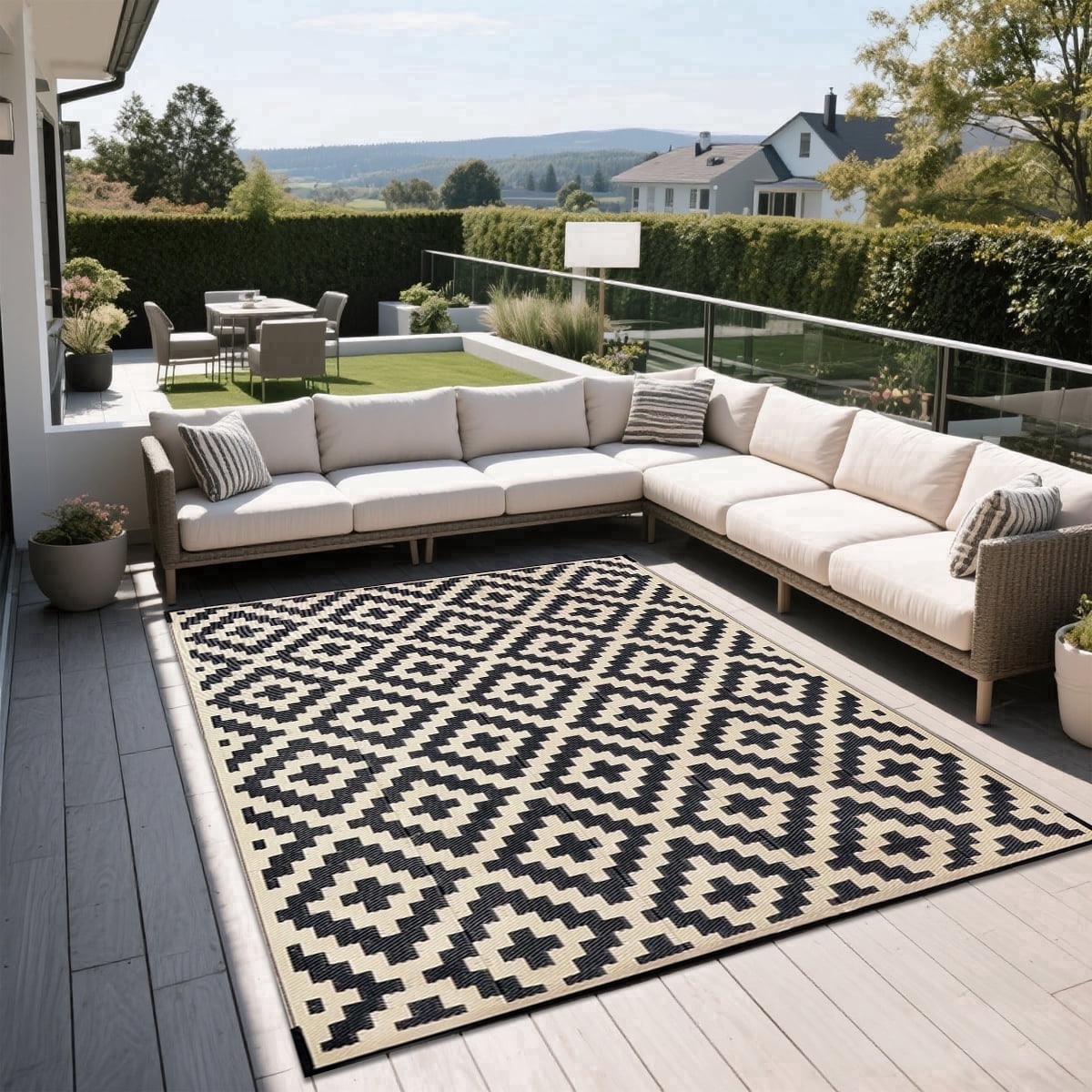 Kzaei Waterproof Outdoor Rug, 4'x6' Reversible Plastic Camping Area Rugs, Black & Beige