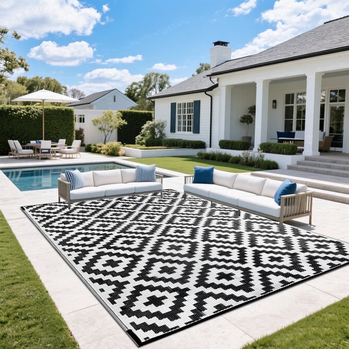 Kzaei Waterproof Outdoor Rug, 8'x10' Reversible Plastic Camping Area Rugs, Black & White