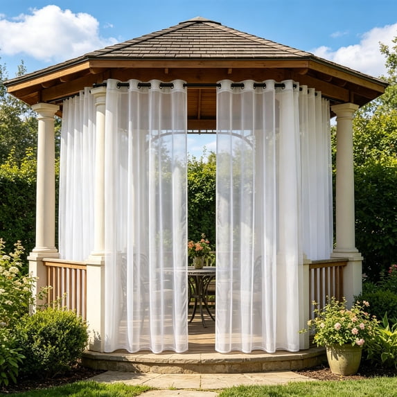 Waterproof Outdoor Sheer Curtains for Patio - 2 Panels Light Filtering Transparent Chiffon Window Drape For Outdoor Balcony Patio Modern Home Decor, White(95*52 in)No pole