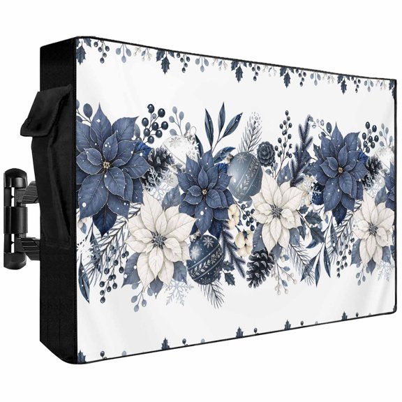 Waterproof Outdoor TV Cover 52 to 55 Inch, Winter Christmas Blooming Floral Outside Flat Screen Televisions Weatherproof Cover Size 52"L x 30"H, Poinsettia Flower Leaf Berry TV Protector With Zipper