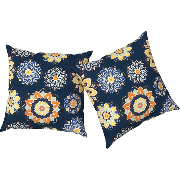Waterproof Outdoor Throw Pillows 18 x 18 Inch with Inserts Set of 2 Bloom Medallion Cobalt