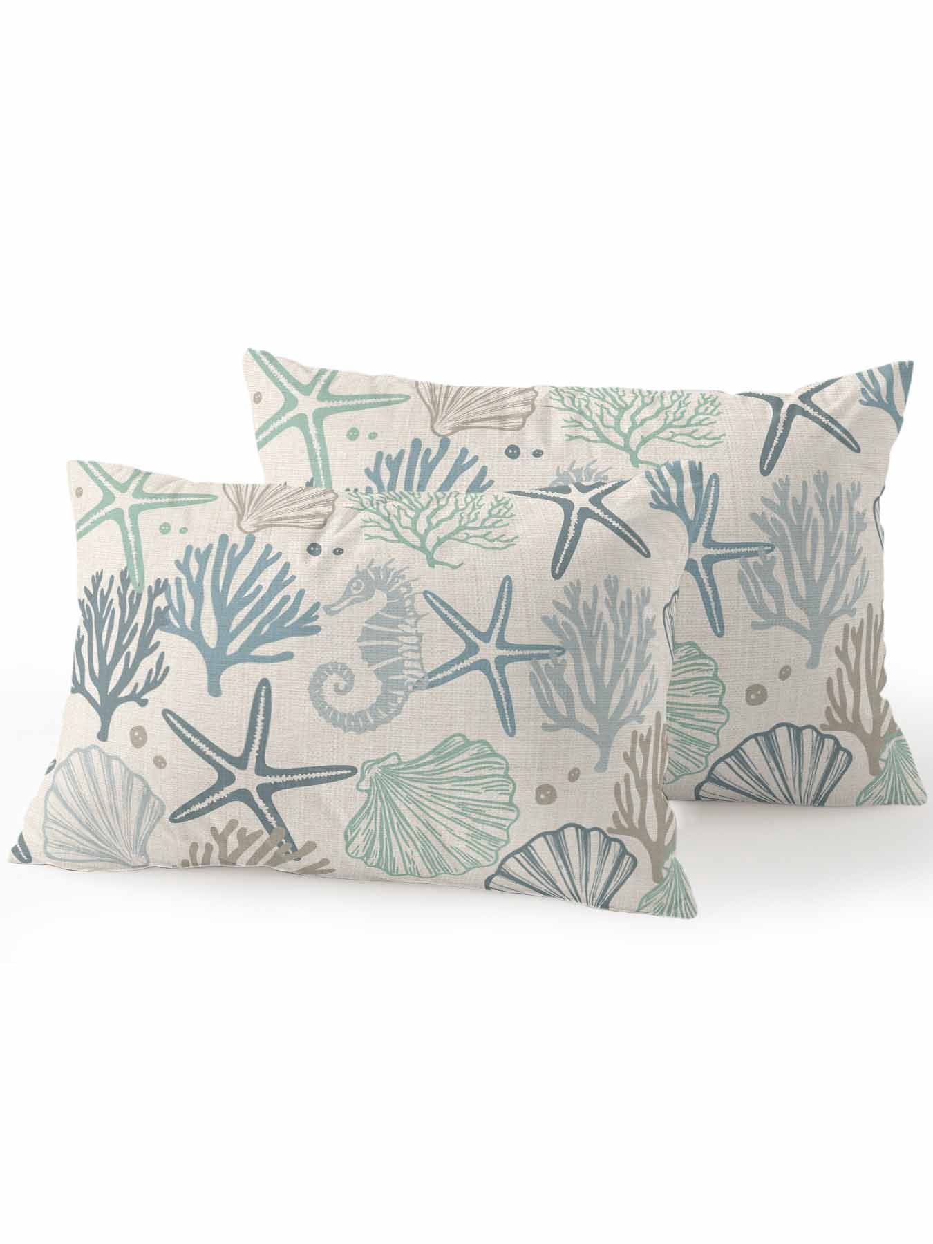 Waterproof Outdoor Throw Pillows with Inserts 12"x20" Set of 2,Aqua Teal Coastal Soft Decorative Pillowcases for Bedroom,Summer Beach Starfish Coral Nautical Rustic Pillow Covers for Sofa Living Room