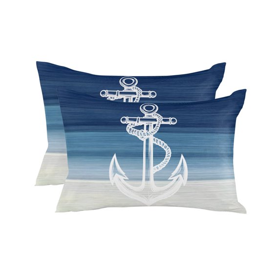 Waterproof Outdoor Throw Pillows with Inserts 12"x20" Set of 2, Nautical Anchor Navy Blue Soft Decorative Pillowcases for Couch Bedroom, Coastal Ocean Ombre Striped Pillow Covers for Sofa Living Room