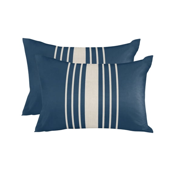 Waterproof Outdoor Throw Pillows with Inserts 12"x20" Set of 2, Navy Blue Beige Striped Soft Decorative Pillowcases for Couch Bedroom, Modern Farmhouse Retro Lines Pillow Covers for Sofa Living Room
