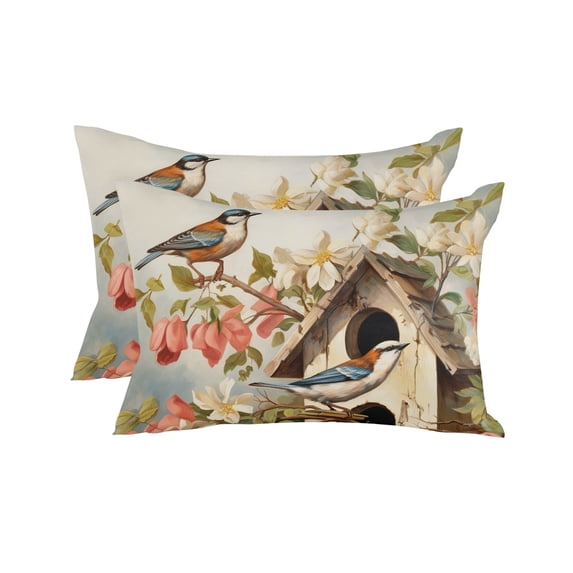 Waterproof Outdoor Throw Pillows with Inserts 12"x20" Set of 2, Spring Birdhouse Soft Decorative Pillowcases for Couch Bedroom, Red Floral Botanical Birds Vintage Pillow Covers for Sofa Living Room