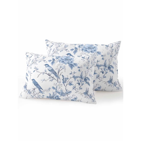 Waterproof Outdoor Throw Pillows with Inserts 12"x20" Set of 2, White Blue Spring Floral Soft Decorative Pillowcases for Couch Bedroom, Summer Birds Botanical Pillow Covers for Sofa Living Room