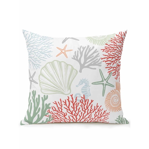 Waterproof Outdoor Throw Pillows with Inserts 16"x16", Red Sage Green Coastal Soft Decorative Pillowcases for Couch Bedroom, Summer Beach Coral Shell Starfish Pillow Covers for Sofa Living Room