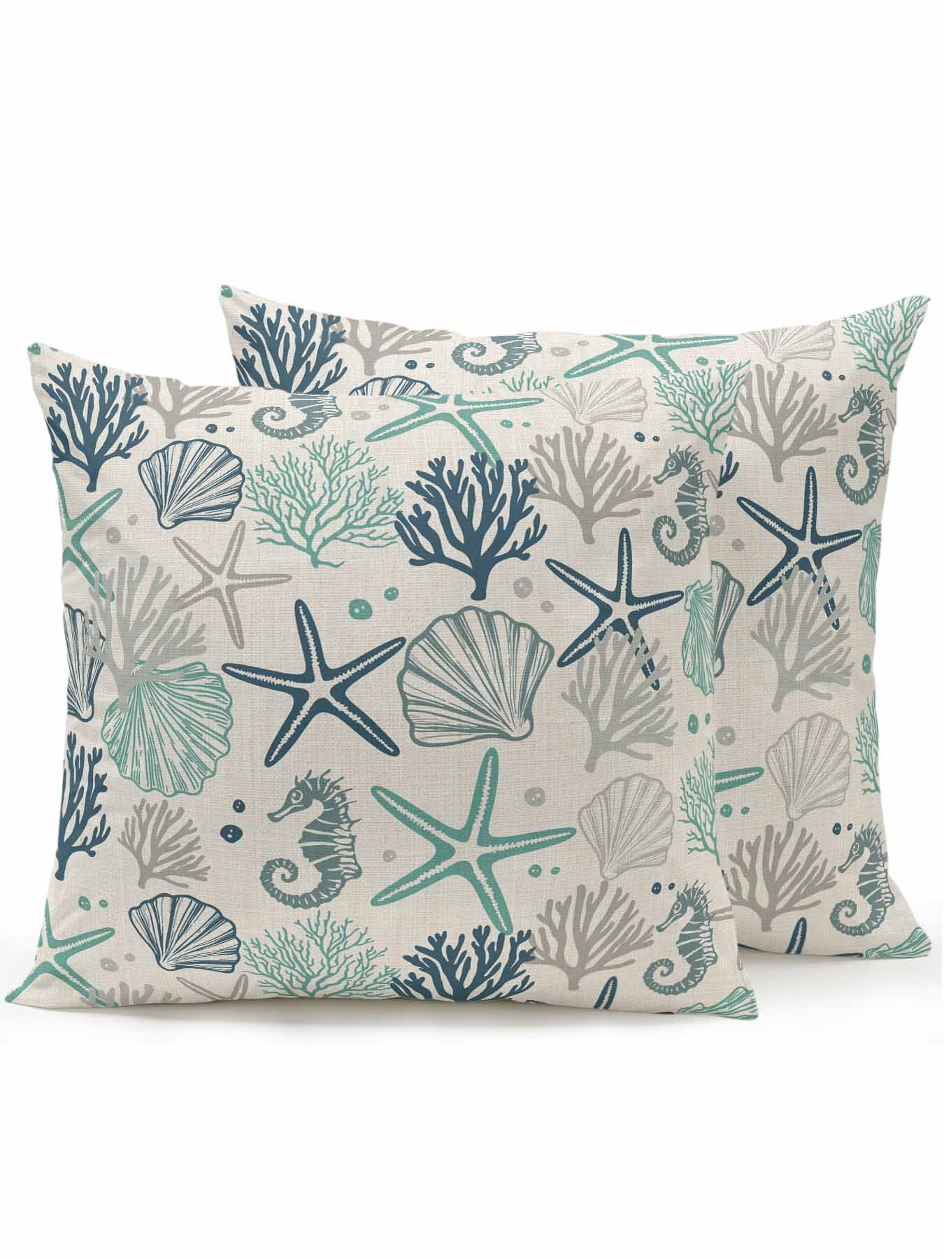 Waterproof Outdoor Throw Pillows with Inserts 16"x16" Set of 2,Blue Teal Coastal Soft Decorative Pillowcases for Bedroom,Summer Beach Starfish Coral Nautical Rustic Pillow Covers for Sofa Living Room