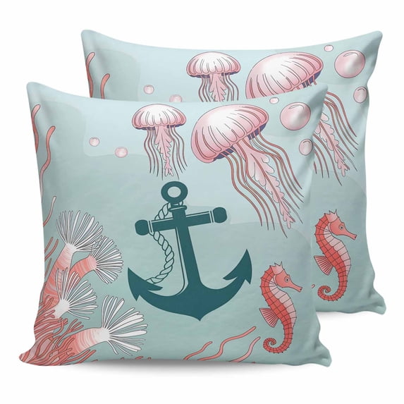 Waterproof Outdoor Throw Pillows with Inserts 16"x16" Set of 2,Ocean Coastal Soft Decorative Pillowcases for Couch Bedroom,Nautical Anchor Jellyfish Coral Seahorse Pillow Covers for Sofa Living Room