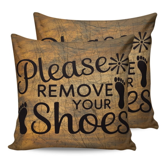 Waterproof Outdoor Throw Pillows with Inserts 16"x16" Set of 2, Please Remove Your Shoes Soft Decorative Pillowcases for Couch Bedroom, Farmhouse Brown Wooden Grain Pillow Covers for Sofa Living Room