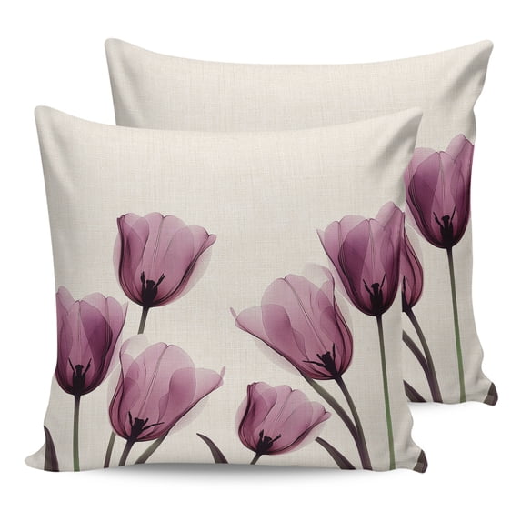 Waterproof Outdoor Throw Pillows with Inserts 16"x16" Set of 2, Rose Red Tulip Soft Decorative Pillowcases for Couch Bedroom, Vintage Beige Spring Pastoral Flower Pillow Covers for Sofa Living Room