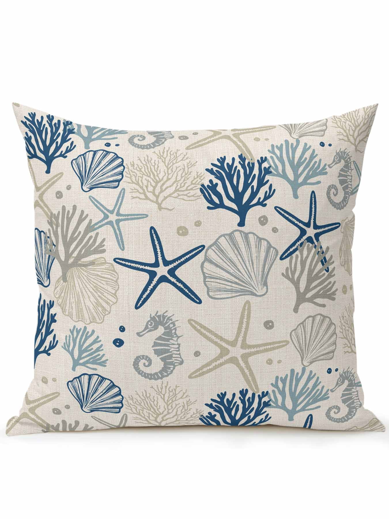 Waterproof Outdoor Throw Pillows with Inserts 18"x18", Blue Beige Coastal Soft Decorative Pillowcases for Couch Bedroom, Summer Beach Starfish Coral Nautical Rustic Pillow Covers for Sofa Living Room