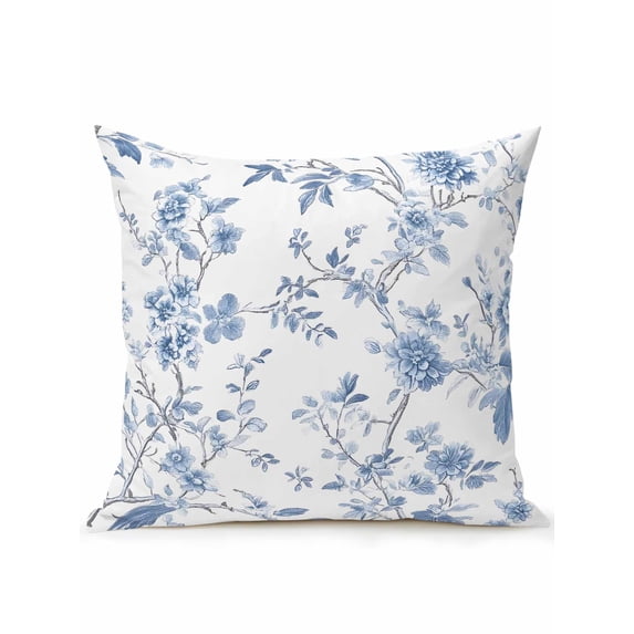 Waterproof Outdoor Throw Pillows with Inserts 18"x18", Blue White Spring Floral Soft Decorative Pillowcases for Couch Bedroom, Summer Botanical Birds Pillow Covers for Sofa Living Room