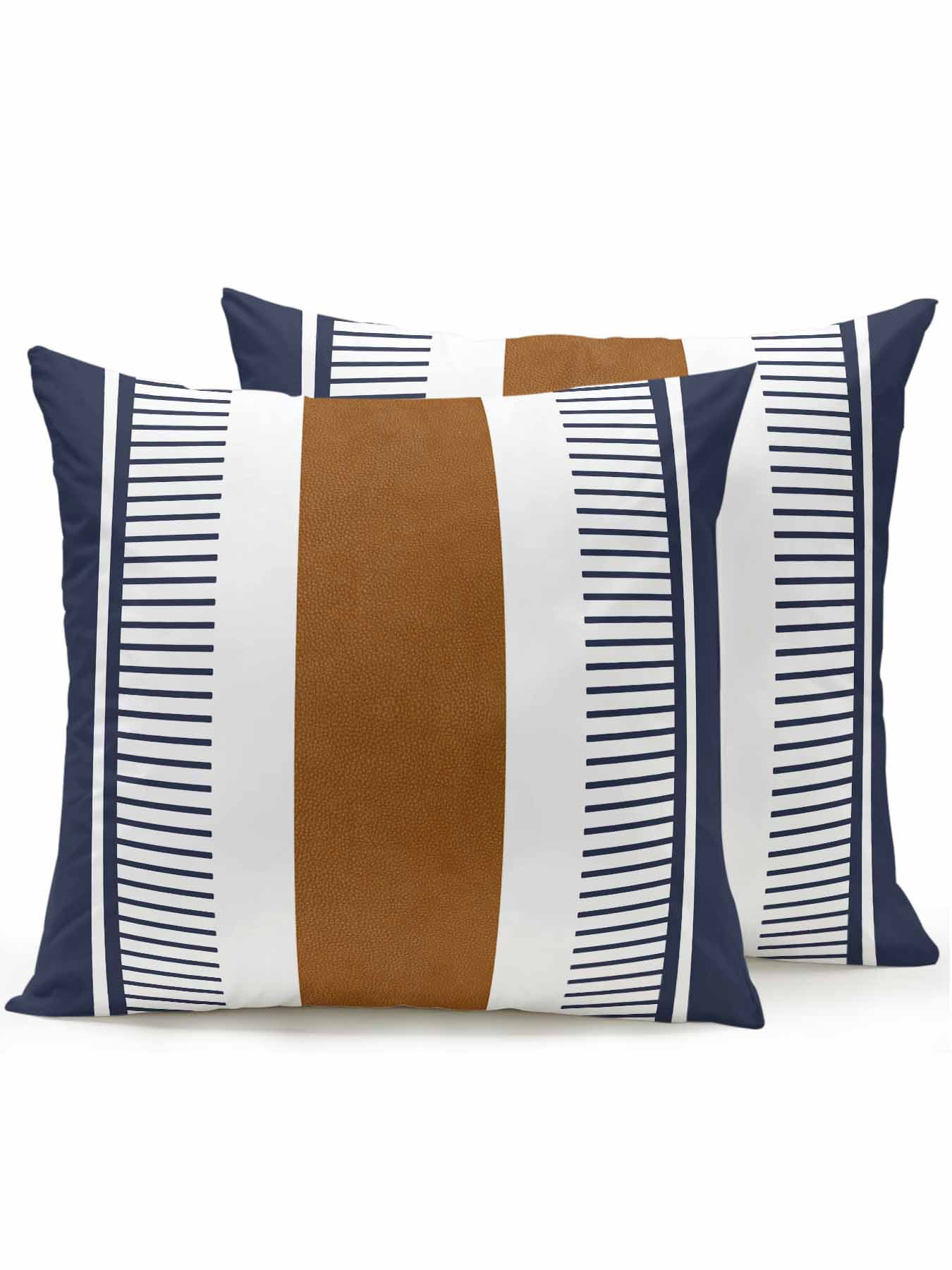 Waterproof Outdoor Throw Pillows with Inserts 18"x18" Set of 2, Modern Brown Blue Soft Decorative Pillowcases for Couch Bedroom, Boho Contemporary Geometric Striped Pillow Covers for Sofa Living Room