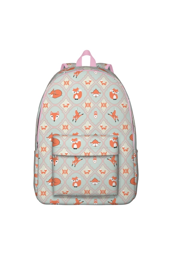 Waterproof Ox Print Backpack, Lightweight School Bag Featuring Cute Cartoon Foxy Design with Wild Forest and Tree Pattern