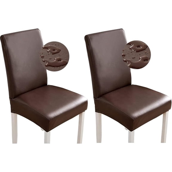 Waterproof PU Leather Chair Covers for Dining, Kitchen - Stretch High Back, Washable, Removable Seat Covers (Set of 2, Coffee)