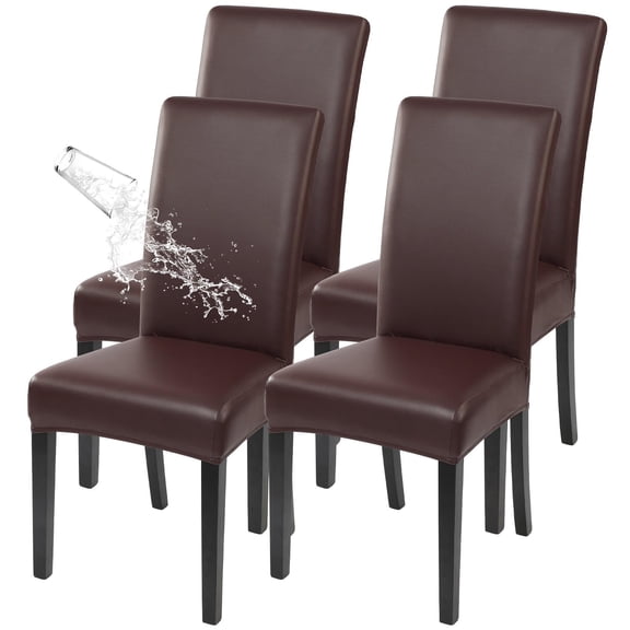 Waterproof PU Leather Dining Chair Covers Set of 4, Stretch Oilproof Chair Slipcovers Removable Washable Kitchen Chair Protector for Dining Room (Brown)