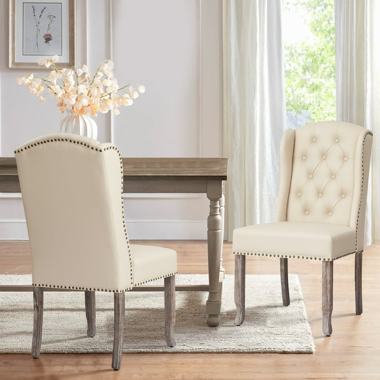 Waterproof PU Leather Dining Chairs Set of 2 Solid Wood Frame Beige Walmart