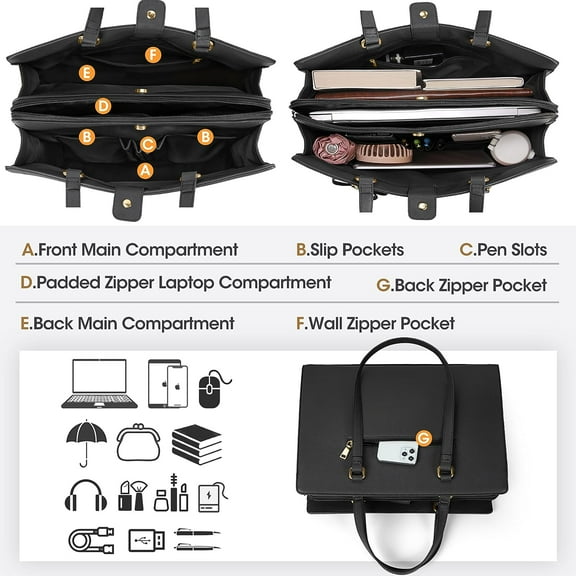 Waterproof PU Leather Laptop Bag for Women 15.6 inch Tote Briefcase Professional Work Bag Black