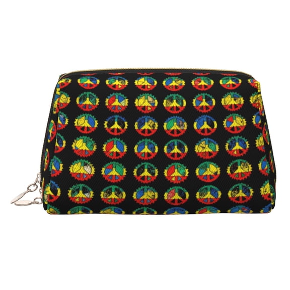 Waterproof PU Leather Toiletry Cosmetic Bag Peace Power Reggae Portable Travel Makeup Organizer Bag for Women Gold