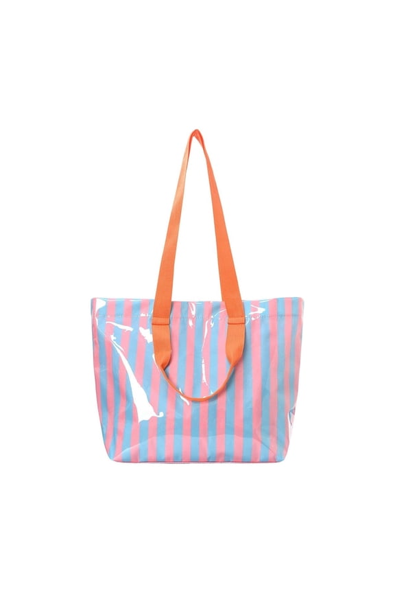 Waterproof PVC Beach Tote Bag Large Capacity Striped Shoulder Tote for Pool Travel and Daily Use Blue