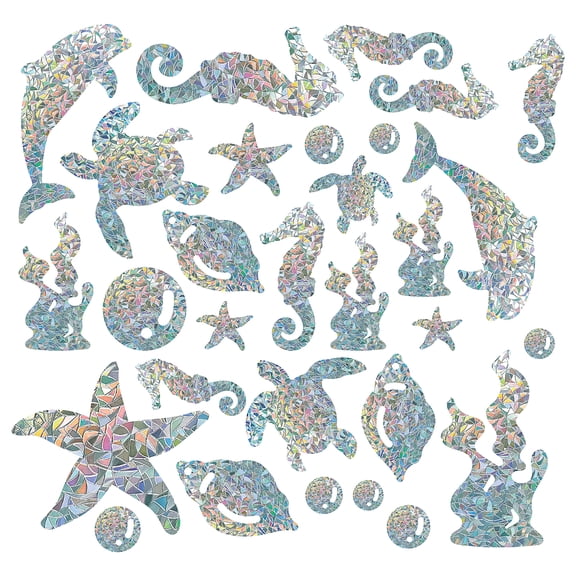 Waterproof PVC Colored Laser Stained Window Film Adhesive Stickers Electrostatic Window Stickers Sea Animals 30-196x30-203mm 30pcs/set