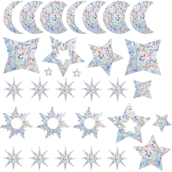 Waterproof PVC Colored Laser Stained Window Film Adhesive Stickers Electrostatic Window Stickers Star & Moon & Sun Mixed Patterns 30~132x30~138mm about 30pcs/set