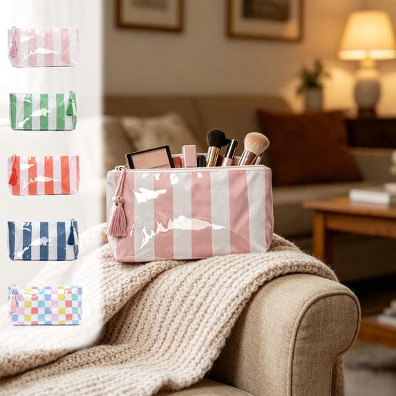 Waterproof PVC Cosmetic Bag with Tassel Zipper Striped Makeup Pouch for Travel Daily Use and Toiletry Organization