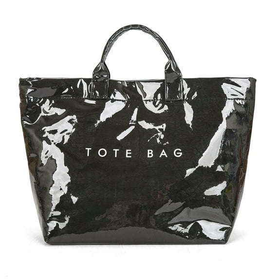 Waterproof PVC Large Tote Bag for Women with Hook-and-Loop,Black Tote Bag with Compartments,Trendy Letters Print Crossbody Handbag,Tear-Proof Plastic Tote Bags for School Commute Travel