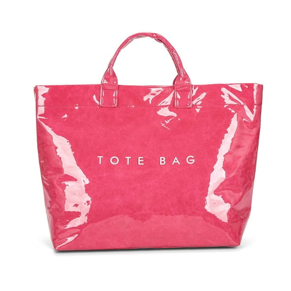 Waterproof PVC Large Tote Bag for Women with Hook-and-Loop,Pink Tote Bag with Compartments,Trendy Letters Print Crossbody Handbag,Tear-Proof Plastic Tote Bags for School Commute Travel