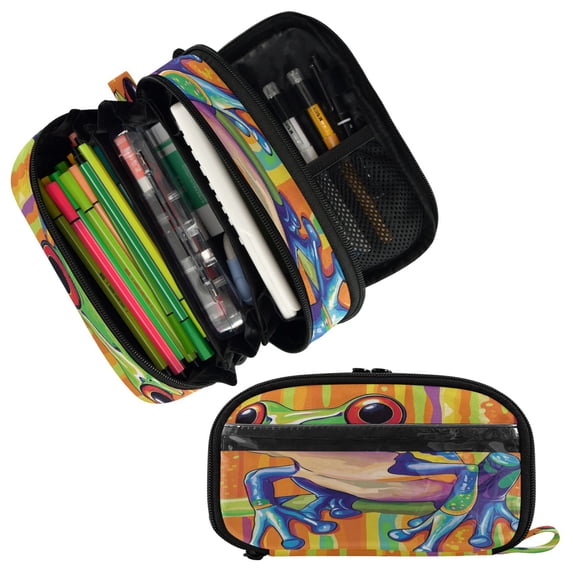 PVC Pencil Case Multi Compartment Large Capacity Dual Zipper Stationery Bag for Office Travel Beautiful Green Frog