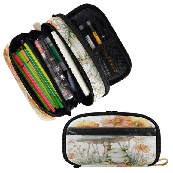 PVC Pencil Case Multi Compartment Large Capacity Dual Zipper Stationery Bag for Office Travel Cartoon Frog