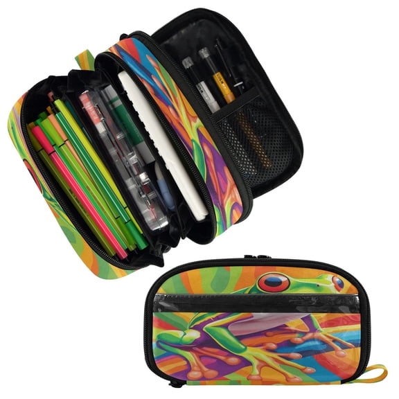 PVC Pencil Case Multi Compartment Large Capacity Dual Zipper Stationery Bag for Office Travel Cartoon Green Frog