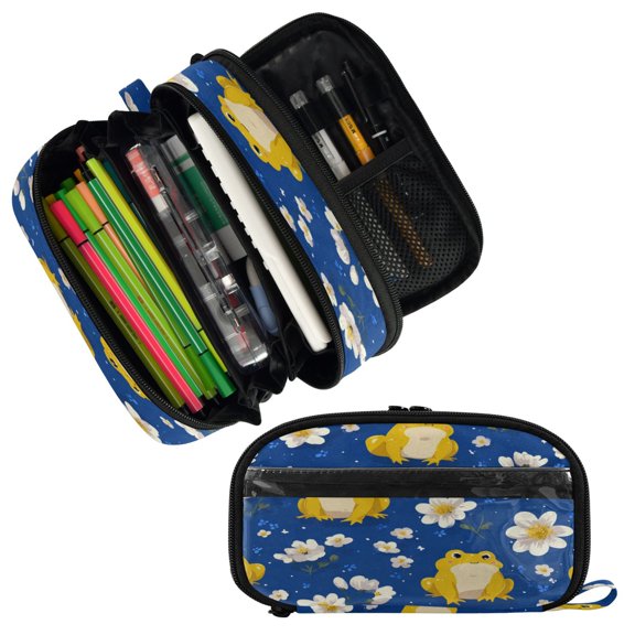 PVC Pencil Case Multi Compartment Large Capacity Dual Zipper Stationery Bag for Office Travel Frog Yellow Pattern