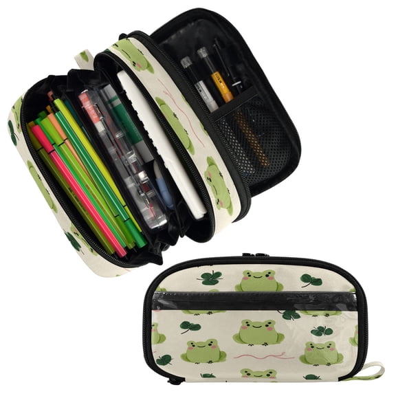 PVC Pencil Case Multi Compartment Large Capacity Dual Zipper Stationery Bag for Office Travel Green Frog Pattern