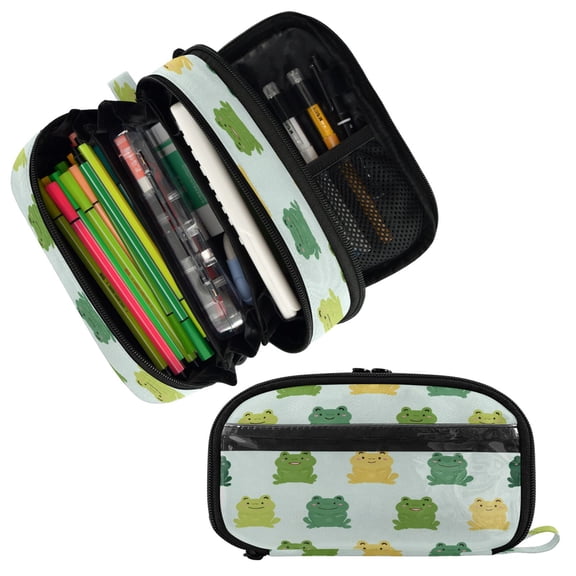 PVC Pencil Case Multi Compartment Large Capacity Dual Zipper Stationery Bag for Office Travel Green Frog Seamless