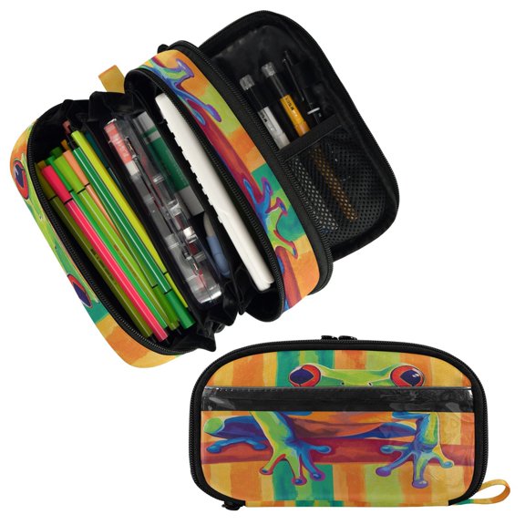 PVC Pencil Case Multi Compartment Large Capacity Dual Zipper Stationery Bag for Office Travel Green Frog