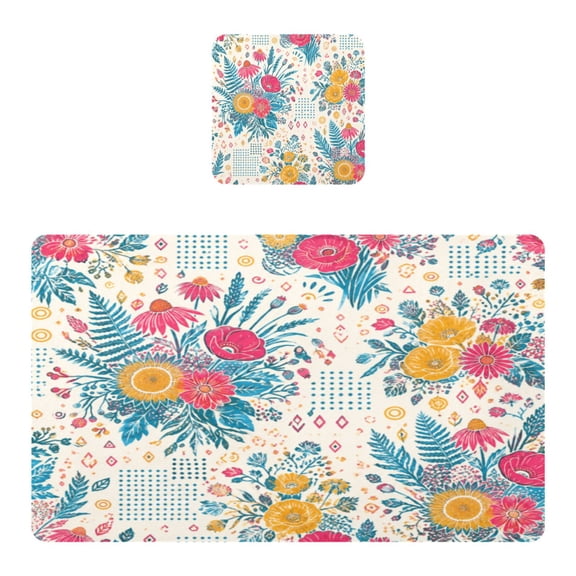 Waterproof PVC Placemats Set of 1 Dining Table Placemats for Indoor Dining with Coasters 11.8x17.5 in,Boho Floral Mix Print