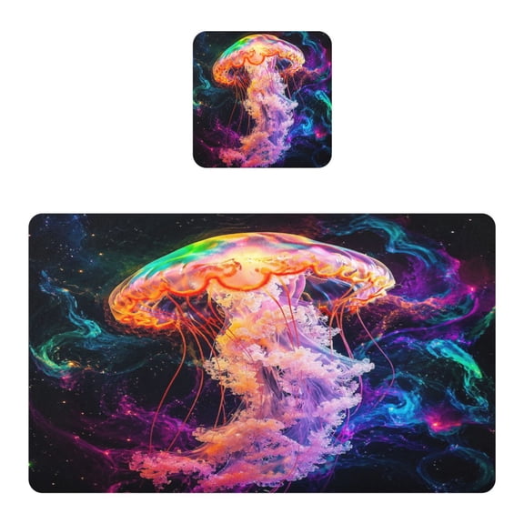 Waterproof PVC Placemats Set of 1 Dining Table Placemats for Indoor Dining with Coasters 11.8x17.5 in,Cosmic Rainbow Jellyfish Print