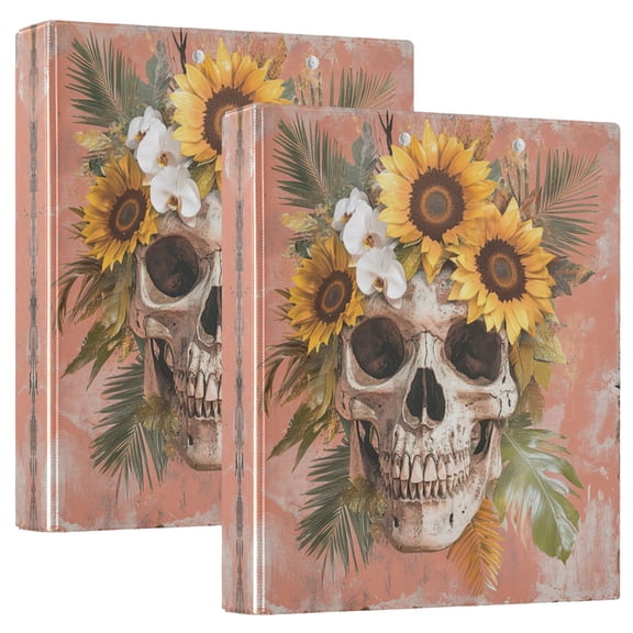 Waterproof PVC Round Ring Binder - D-Rings Clipboard, 200 Page Capacity (1 or 2-Pack), Ideal for Office , Home and School,A Skull Made Of Sunflowers