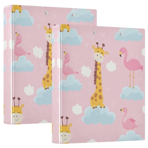 Iauyy PVC Round Ring Binders, 200 Page Capacity, 2 Pack,Giraffes and Pink Flamingos
