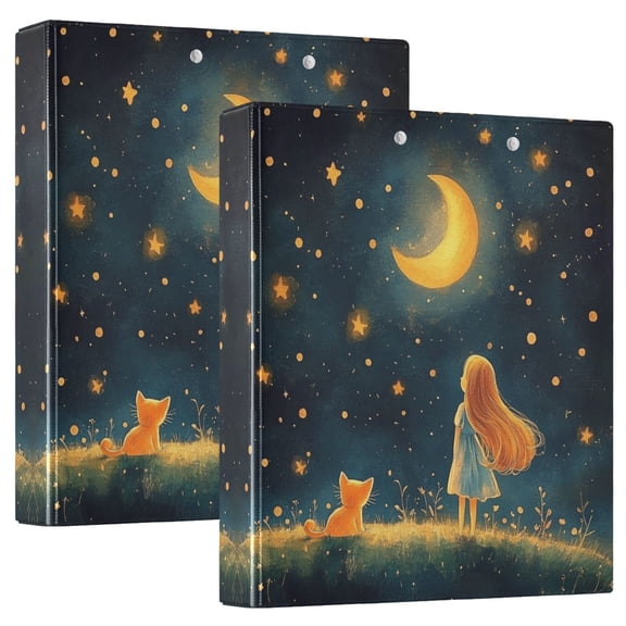 Waterproof PVC Round Ring Binder - D-Rings Clipboard, 200 Page Capacity (1 or 2-Pack), Ideal for Office , Home and School,Girl under The Starry Sky